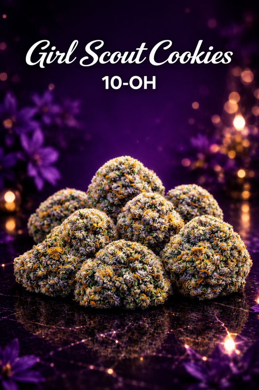 Girl Scout Cookies 10-OH da CBDLegalPT com flores selecionadas em destaque, buds premium e fundo roxo luxuoso com brilho dourado.