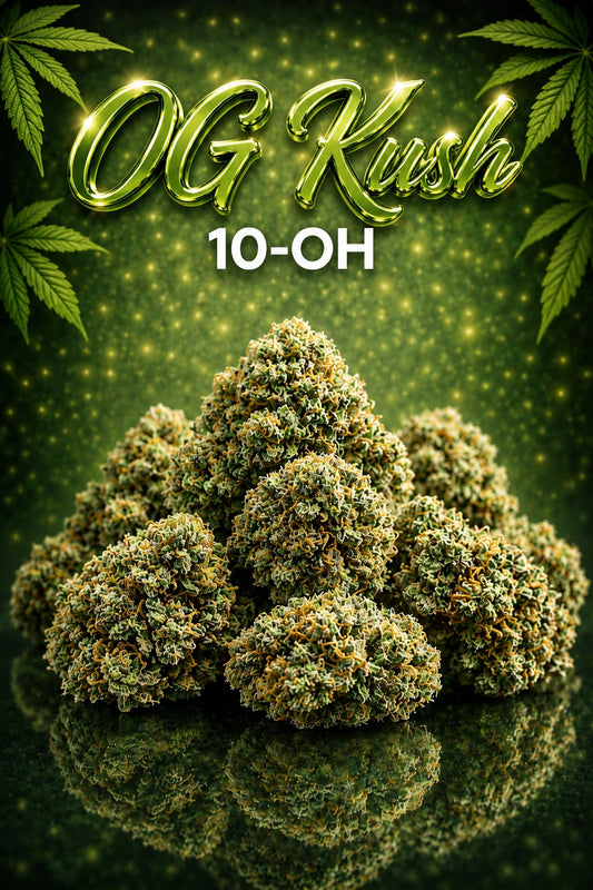 Buds OG Kush 10-OH CBDLegalPT com aparência premium, tons verdes naturais, reflexo elegante e fundo verde cromado.