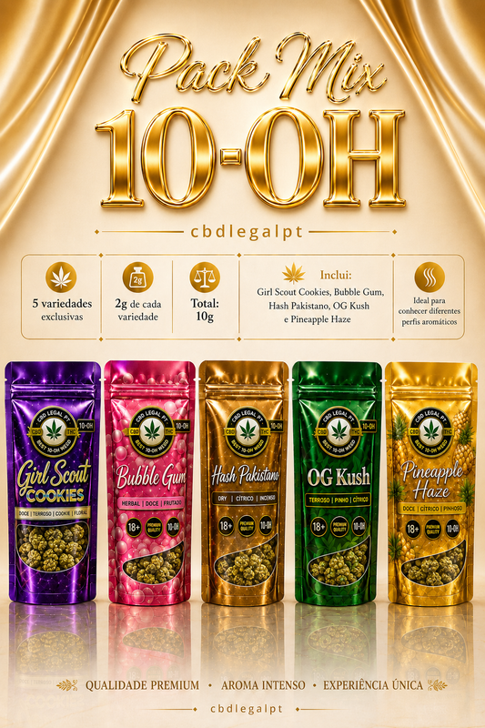Pack Mix 10-0H da CBDLegalPT com Girl Scout Cookies, Bubble Gum, Hash Pakistano, OG Kush e Pineapple Haze em embalagens premium com brilho cromado e fundo dourado luxuoso.