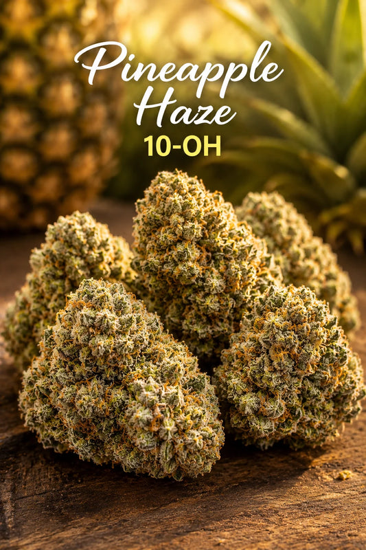 Flores Pineapple Haze 10-OH com buds premium em destaque e fundo tropical com anan