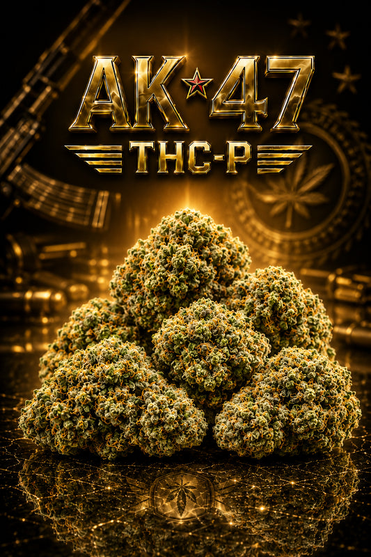 Buds AK-47 THC-P da CBDLegalPT em fundo dourado luxuoso, com flores de cânhamo premium em destaque.