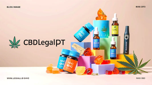 Imagem de frascos de produtos HHC à base de cannabis legal, disponíveis na loja CBDLegalPT. Os frascos apresentam rótulos informativos com dosagens e ingredientes naturais.