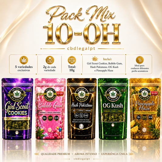 Pack Mix 10-0H CBDLegalPT com 5 variedades premium: Girl Scout Cookies, Bubble Gum, Hash Pakistano, OG Kush e Pineapple Haze. Inclui 2g de cada variedade, total 10g, em embalagens cromadas com fundo branco e dourado elegante.