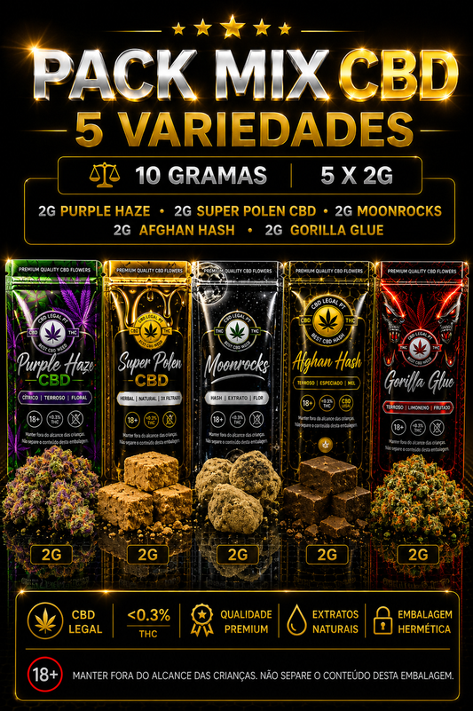 Pack Mix CBD premium com Moonrocks CBD, Afghan Hash, Super Polen, Purple Haze e Gorilla Glue CBD da CBDLegalPT