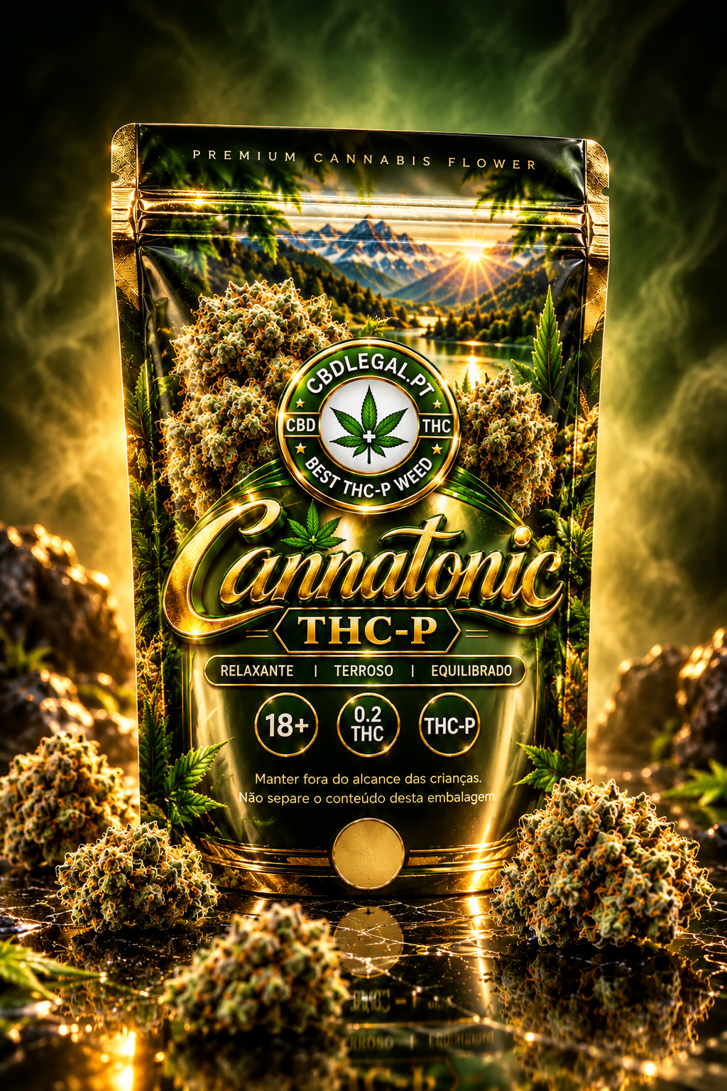 Embalagem premium Cannatonic THC-P da CBDLegalPT, em acabamento verde e dourado, com flores de cannabis, design luxuoso e detalhes metálicos.