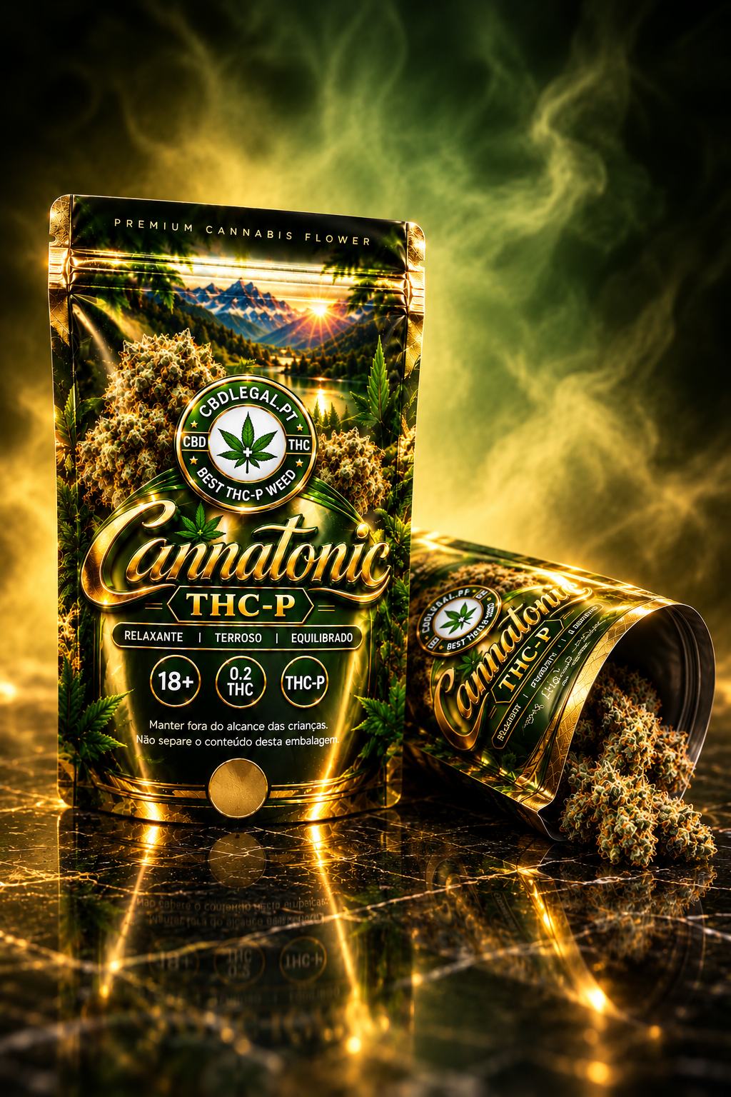 Embalagens Cannatonic THC-P da CBDLegalPT em acabamento verde e dourado, com uma embalagem em pé e outra deitada, flores de cannabis e cenário premium com iluminação dourada e fumo verde.