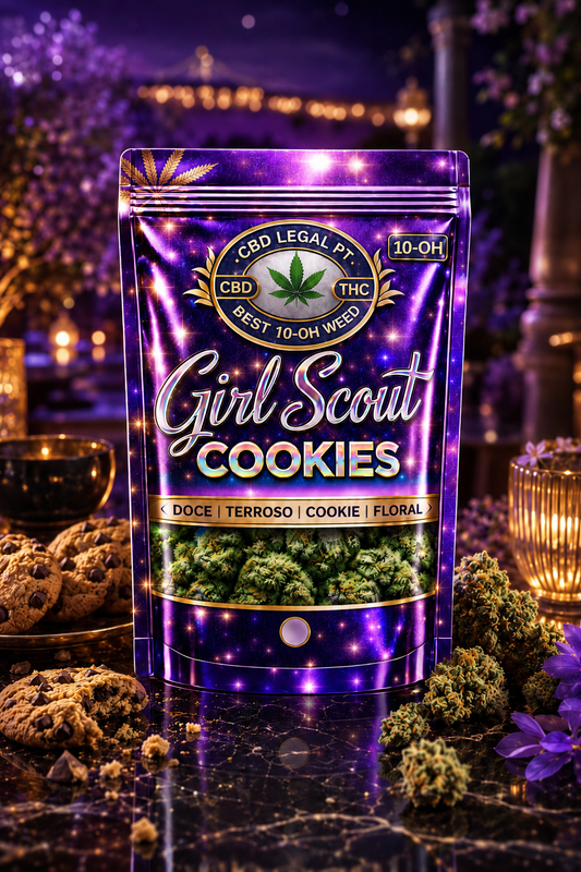 Girl Scout Cookies 10-OH da CBDLegalPT em embalagem roxa premium com brilho cromado, fundo luxuoso roxo e dourado, cookies e buds em destaque.