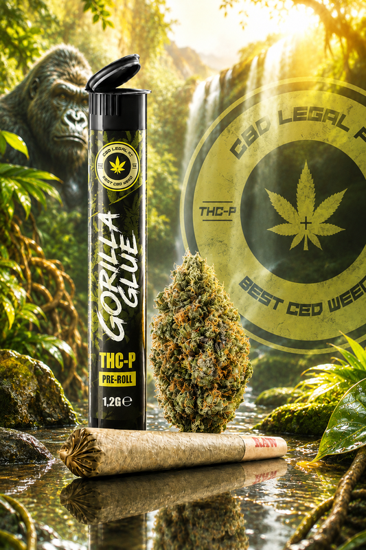 Gorilla Glue THC-P da CBDLegalPT em pré-roll premium, com embalagem de destaque e apresentação profissional para produto THC-P.