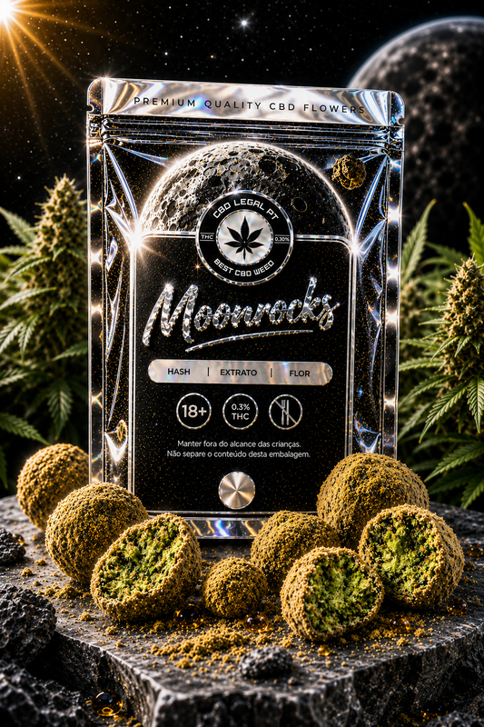 Moonrocks CBD premium em embalagem CBDLegalPT com acabamento cromado, apresentadas em cenário espacial luxuoso com várias moonrocks expostas em primeiro plano.