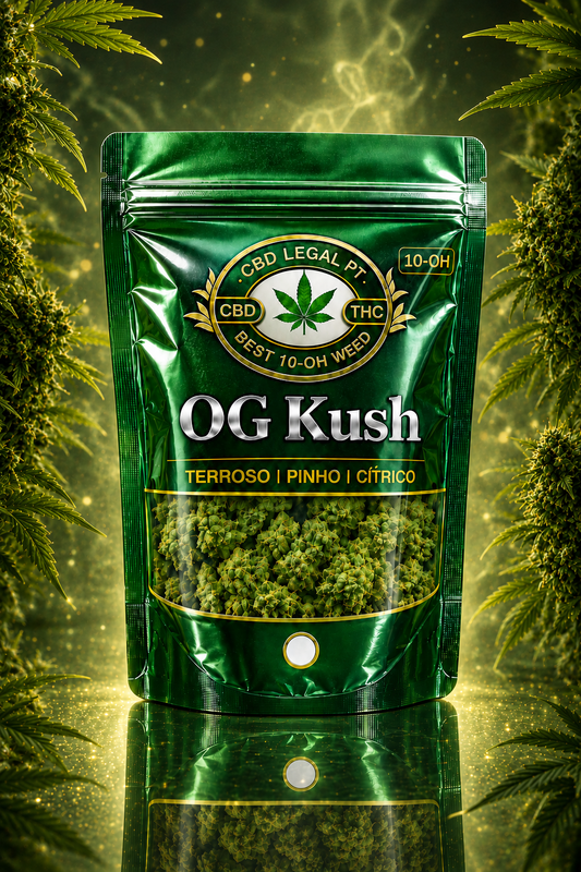 Embalagem premium OG Kush 10-OH CBDLegalPT em verde cromado com flores visíveis e fundo luminoso elegante.