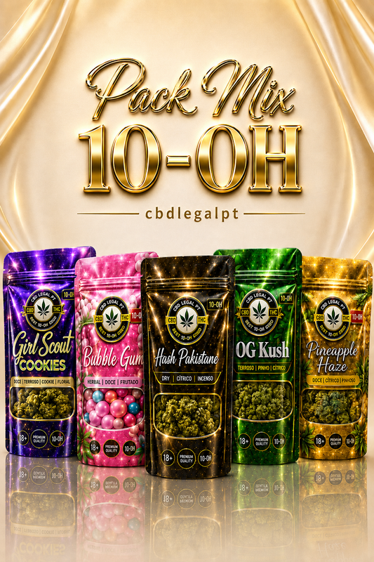 Pack Mix 10-0H da CBDLegalPT com Girl Scout Cookies, Bubble Gum, Hash Pakistano, OG Kush e Pineapple Haze em embalagens premium com brilho cromado dourado