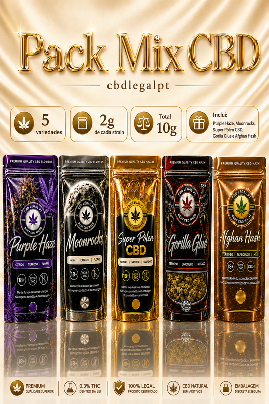Pack Mix CBD da CBDLegalPT com Purple Haze, Moonrocks, Super Pólen CBD, Gorilla Glue e Afghan Hash em embalagens premium com brilho cromado.