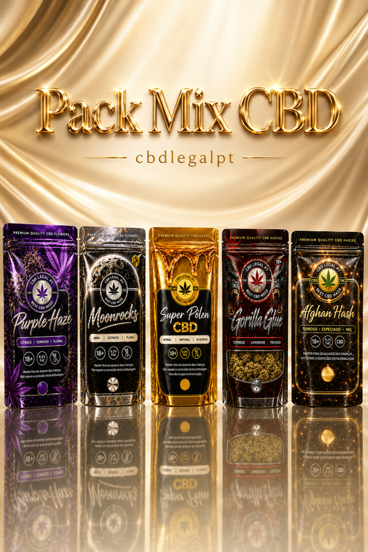 Pack Mix CBD da CBDLegalPT com Purple Haze, Moonrocks, Super Pólen CBD, Gorilla Glue e Afghan Hash em embalagens premium com brilho cromado e fundo dourado luxuoso.