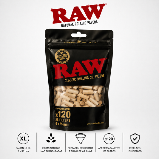 Pacote RAW Classic Rolling XL-Filters com 120 filtros naturais não branqueados, apresentado em fundo branco com ícones informativos sobre tamanho, filtragem e embalagem reselável.