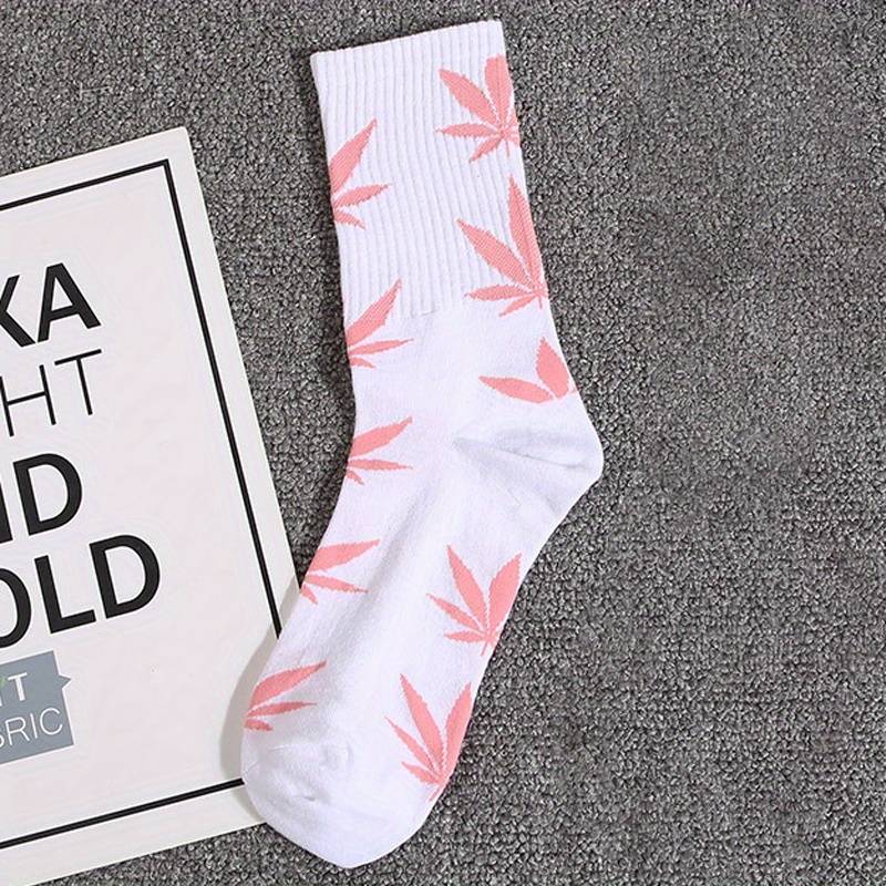 Par de Meias Folhas (Brancas com folhas em rosa) - CBD Portugal - CBDLegalPT