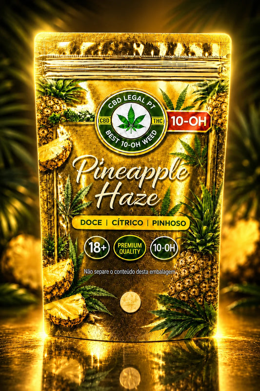 Embalagem Pineapple Haze 10-OH com brilho cromado dourado, ananás e folhas de canábis em fundo tropical premium