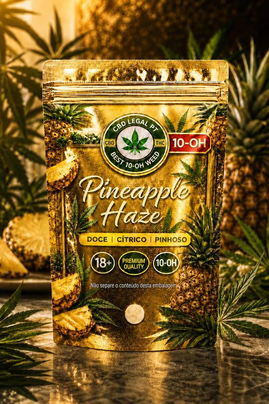 Embalagem Pineapple Haze 10-OH com brilho cromado dourado, ananás e folhas de canábis em fundo tropical premium