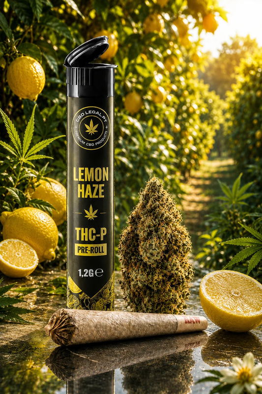 Pré-Roll THC-P Lemon Haze 1,20g da CBDLegalPT com embalagem premium, bud de canábis e limões numa plantação cítrica.