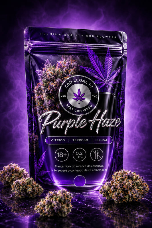 Embalagem Purple Haze CBD premium com flores CBD roxas sobre fundo violeta.