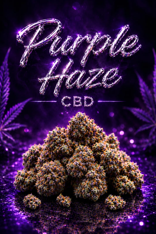 Buds Purple Haze CBD com tons verdes e roxos sobre fundo violeta premium.