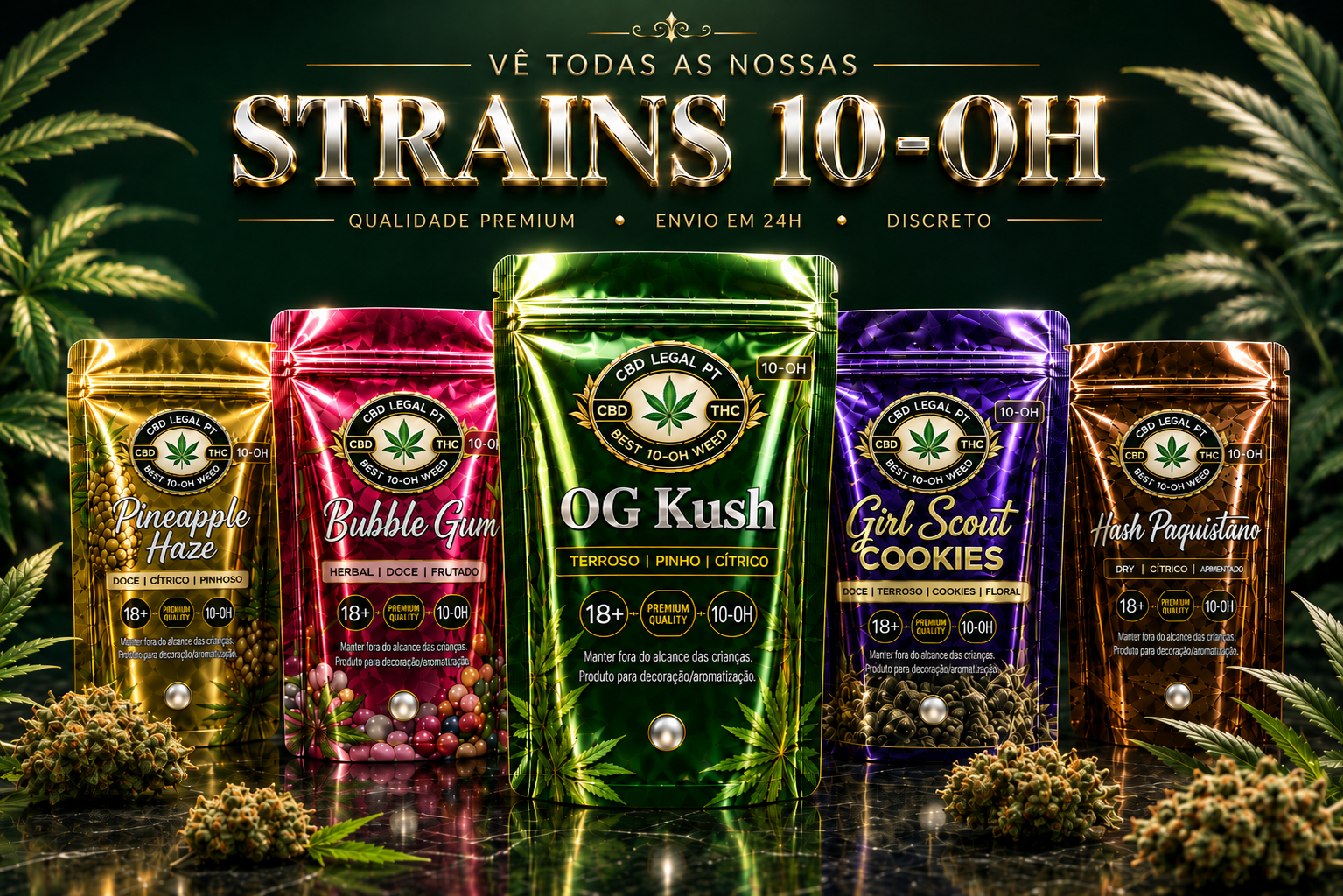 Embalagens premium de strains 10-OH da CBDLegalPT com OG Kush em destaque.