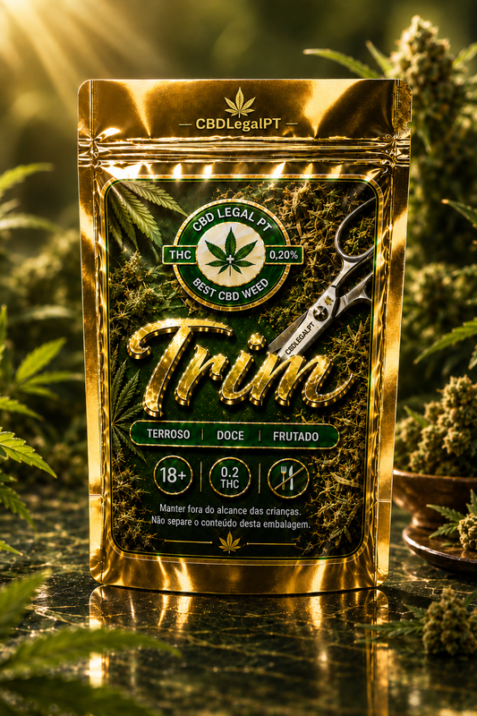 Embalagem Trim CBD premium da CBDLegalPT com acabamento dourado cromado, fundo verde elegante, tesoura de trim e design profissional com perfil terroso, doce e frutado.