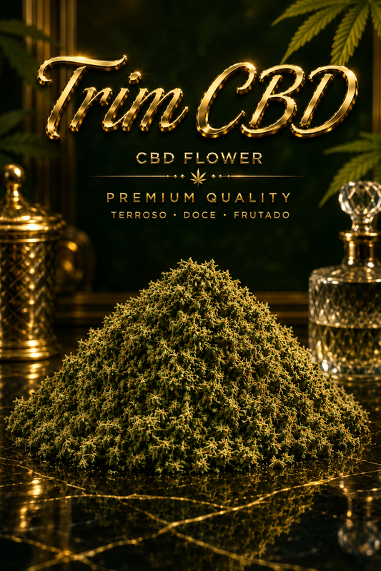 Embalagens Trim CBD premium da CBDLegalPT com acabamento dourado cromado, trim de alta qualidade em destaque e perfil terroso, doce e frutado.