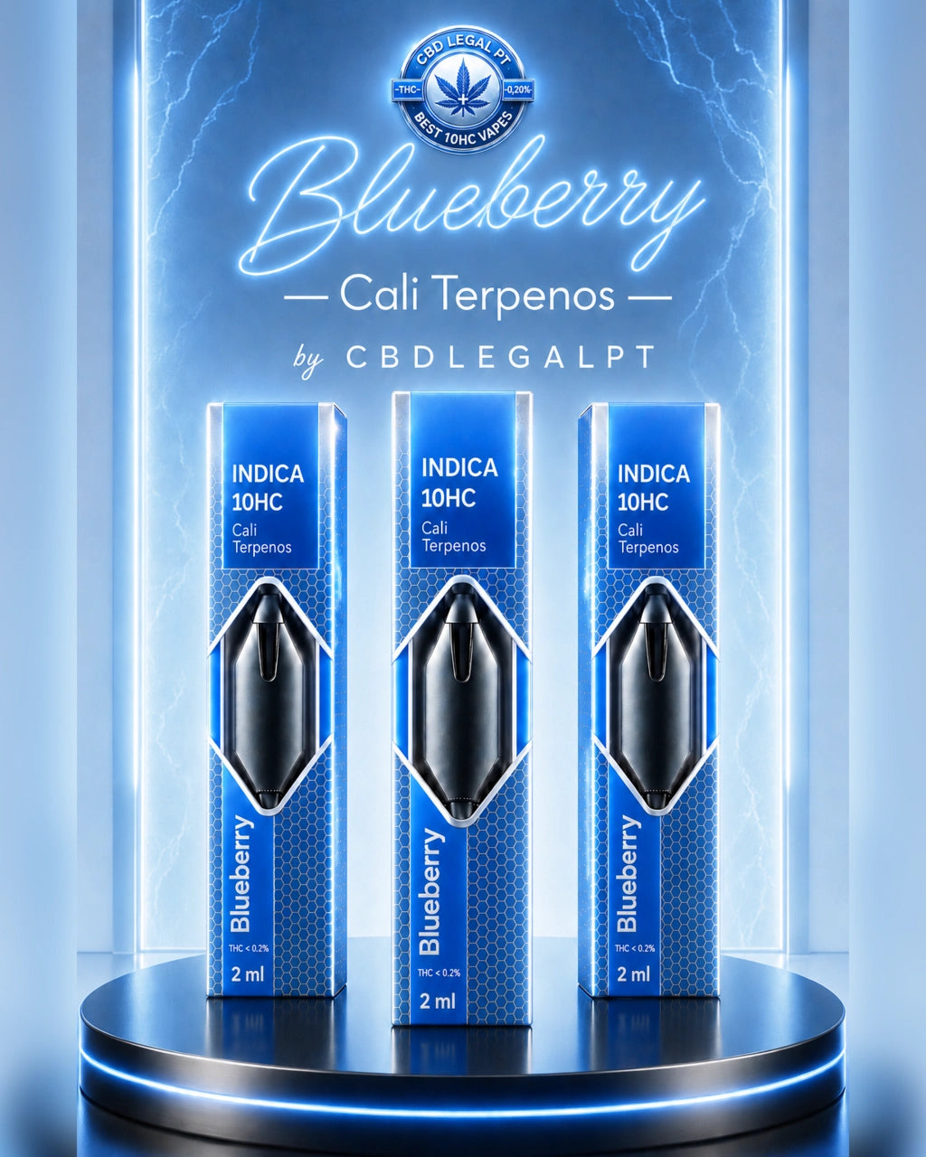 Três embalagens do vape Blueberry Cali Terpenos 10-HC de 2 ml da CBDLegalPT, apresentadas num expositor premium com iluminação azul.