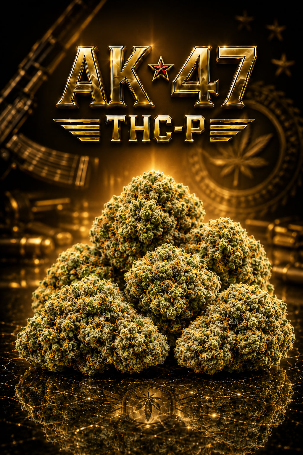 Buds AK-47 THC-P da CBDLegalPT em fundo dourado luxuoso, com flores de cânhamo premium em destaque.