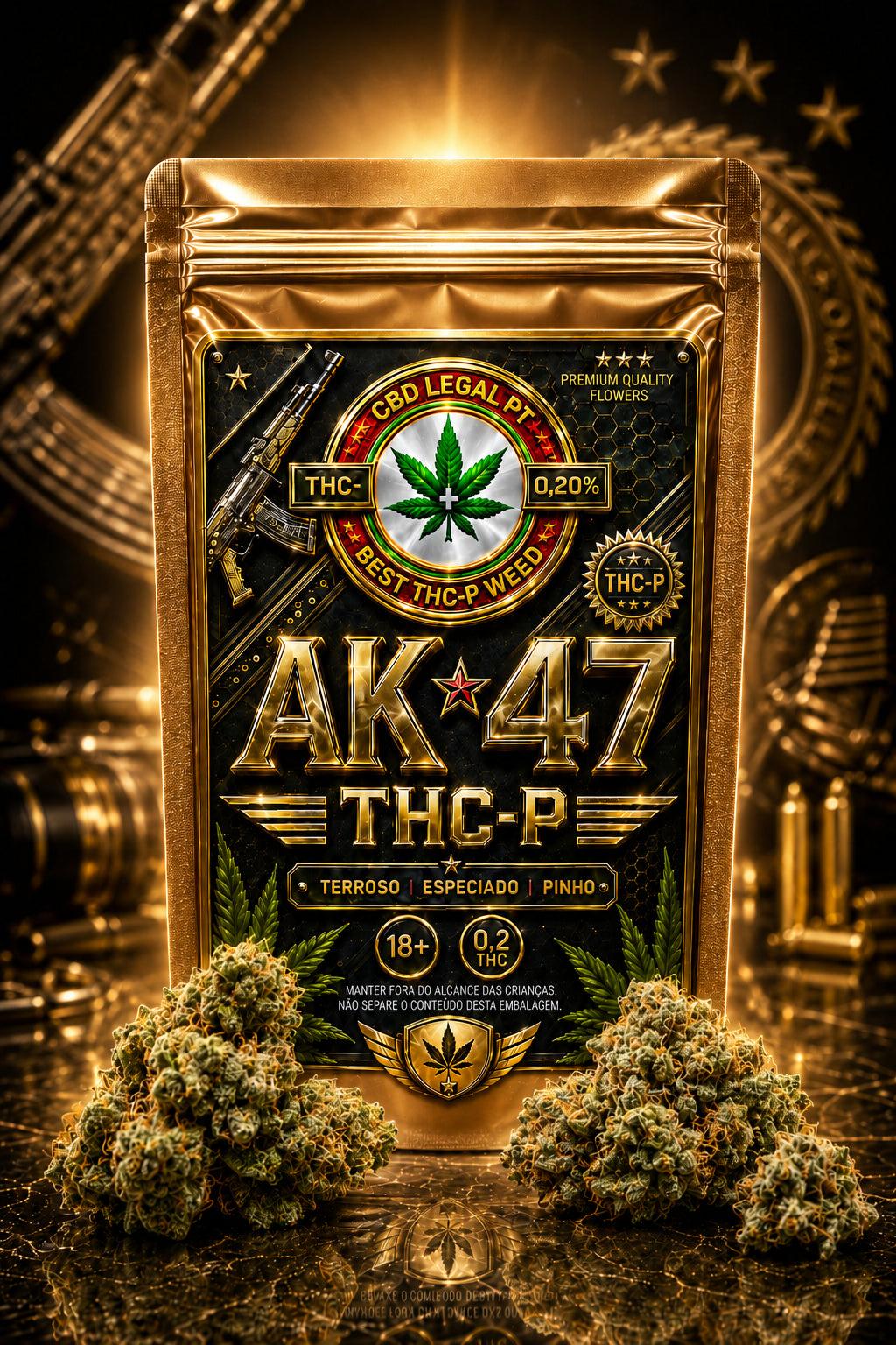 Embalagem AK-47 THC-P da CBDLegalPT com buds de cânhamo em fundo dourado luxuoso.