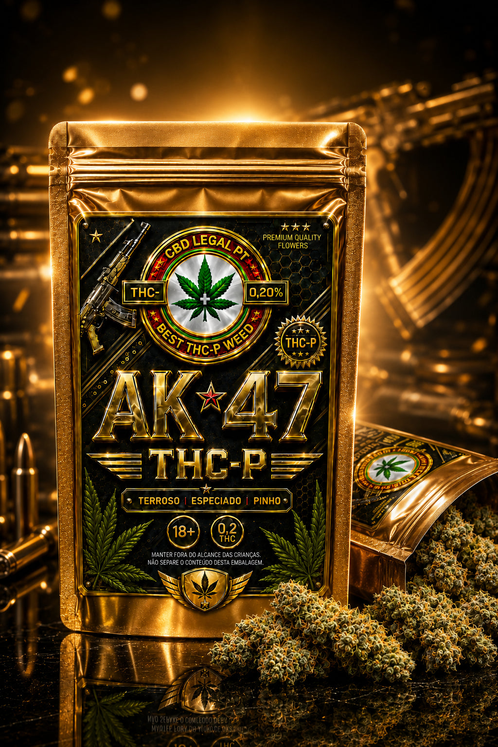 Duas embalagens AK-47 THC-P da CBDLegalPT em cenário dourado luxuoso, com flores de cânhamo premium em destaque.