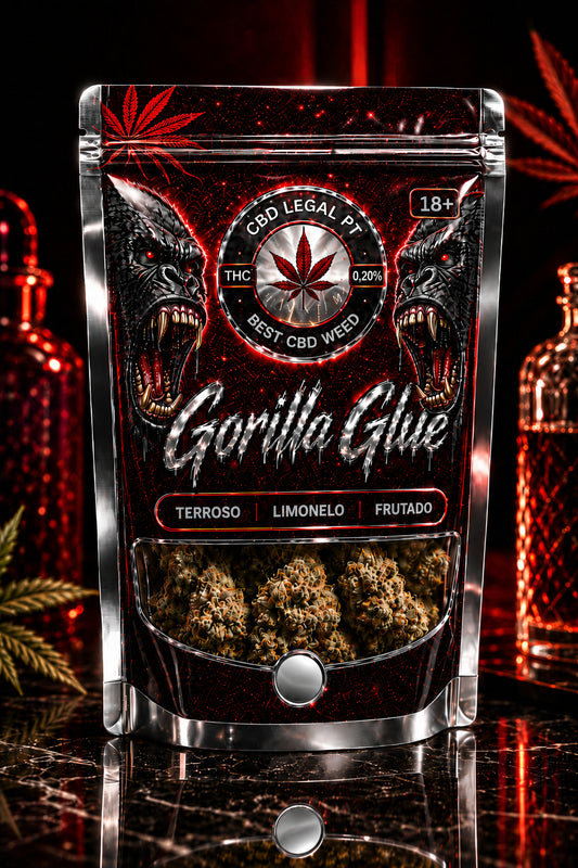 Embalagem premium Gorilla Glue CBD da CBD Legal PT com design vermelho e preto, detalhes cromados, gorillas na embalagem e flores CBD visíveis.
