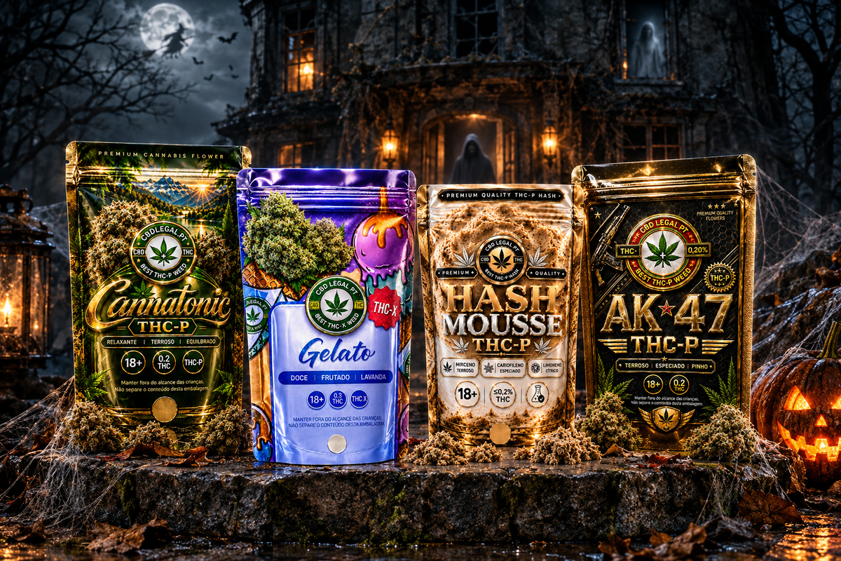 Halloween CBDLegalPT com cenário de mansão assombrada e embalagens em destaque