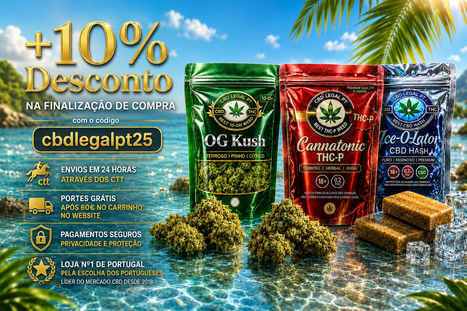 Banner promocional da CBDLegalPT com 10% de desconto, código cbdlegalpt25, portes grátis após 60€, envio CTT em 24h e produtos OG Kush, Cannatonic THC-P e Ice-O-Lator CBD Hash em ambiente de verão.