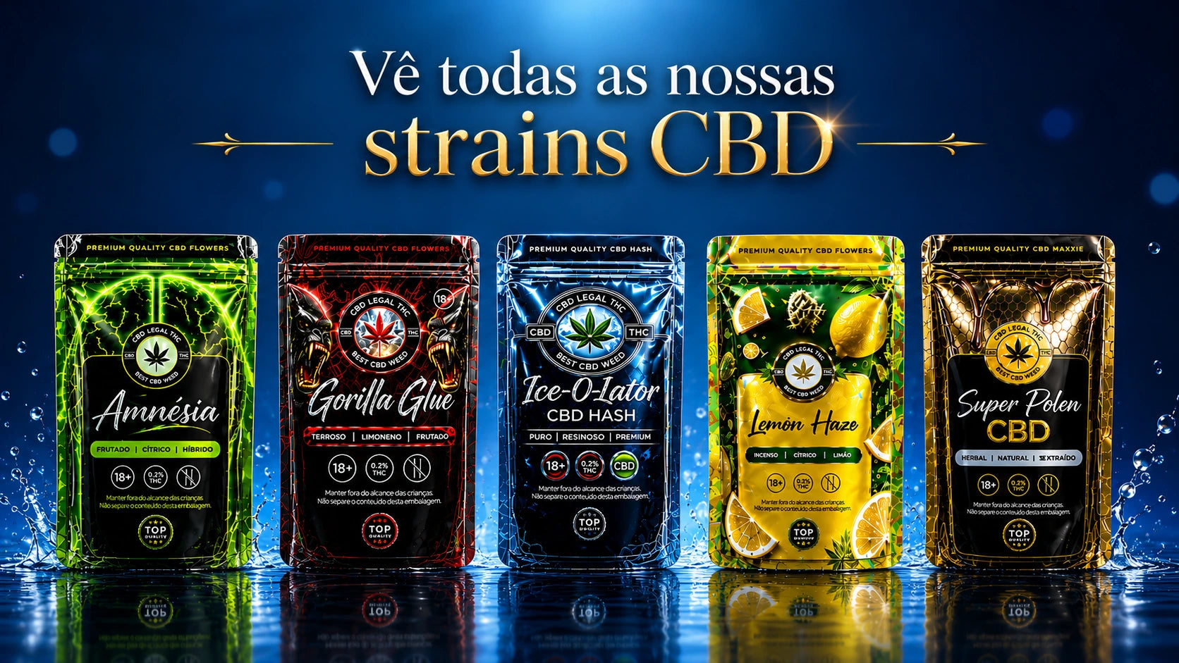 Strains CBD da CBDLegalPT com Amnésia, Gorilla Glue, Ice-O-Lator, Lemon Haze e Super Pólen CBD em destaque, produtos CBD premium para comprar CBD em Portugal.