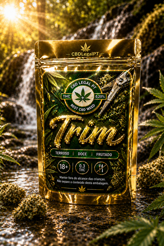 Trim CBD da CBDLegalPT com flores e folhas selecionadas, apresentação premium.