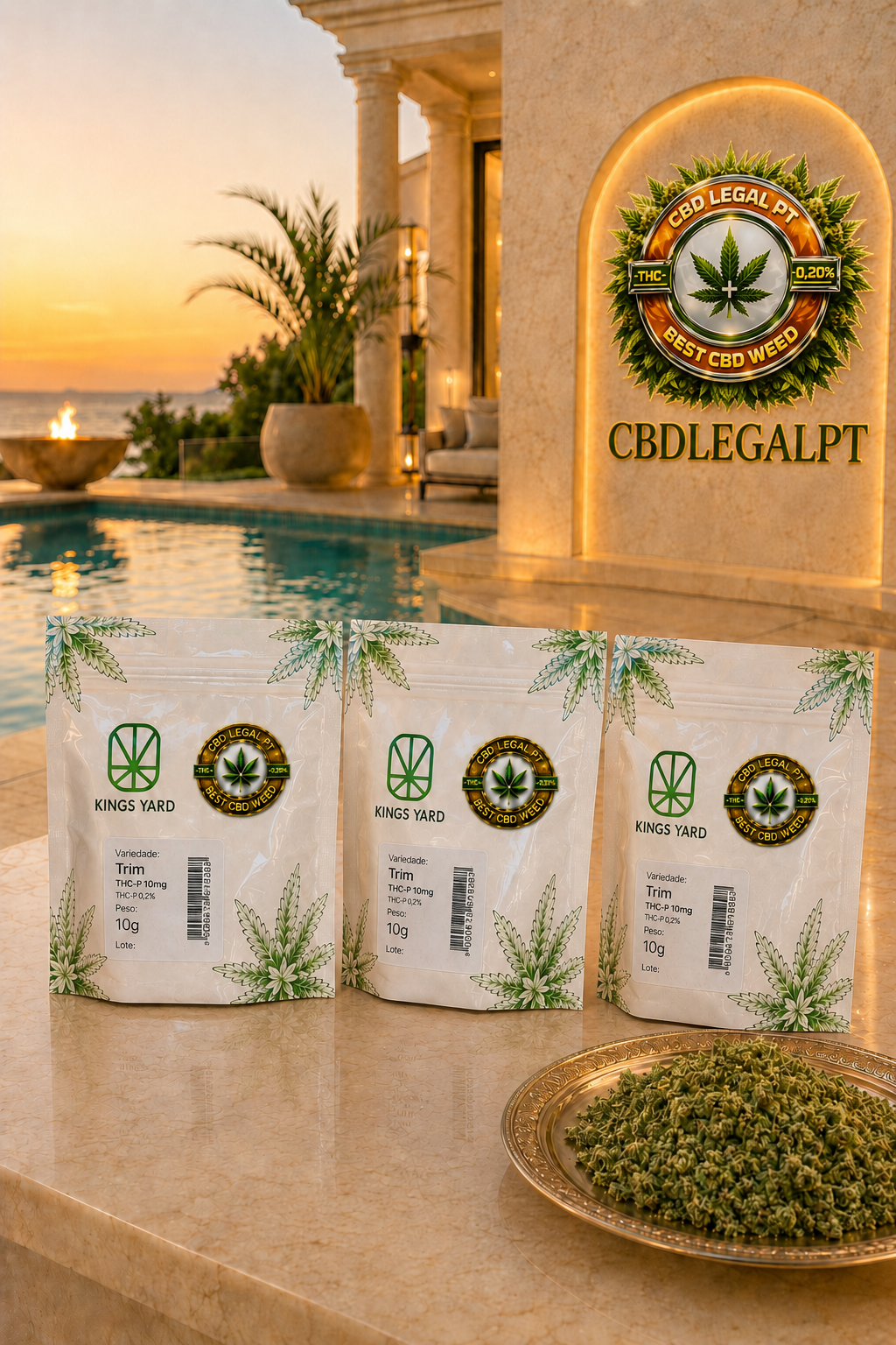 Três embalagens de Trim THC-P 10g da Kings Yard e CBDLegalPT junto a uma piscina luxuosa ao pôr do sol.